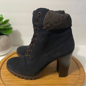 Carlo Rossetti Suede Combat Heeled Ankle Boots Navy‎ Blue Leather Booties Sz 7.5